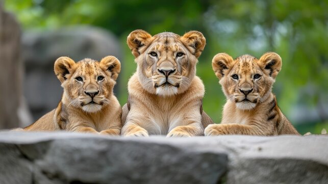 A pride of lions relaxing in the shade during the heat of the day their young cubs tussling and playing with each other in a peaceful natural setting