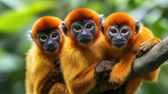 Closeup of a group of adorable monkeys likely a species of guenon or macaque swinging and climbing amongst the lush foliage and branches of a vibrant thriving rainforest environment