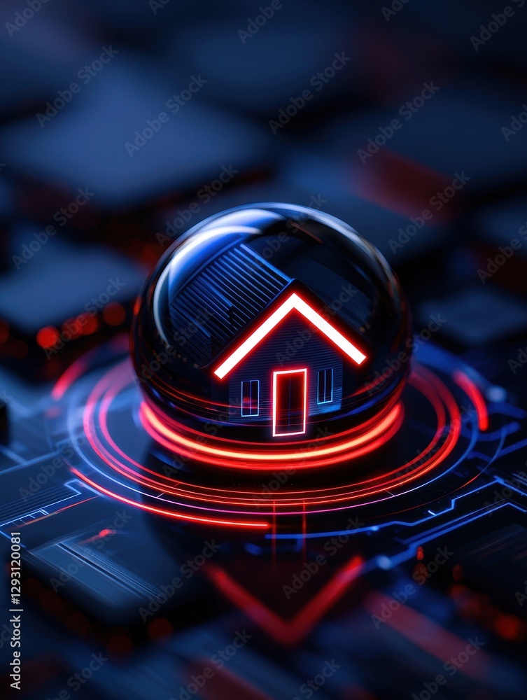 Poster a futuristic home button illuminated in red on a dark digital surface.