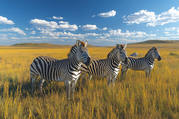 Fototapeta premium Zebras grazing in golden savannah, stripes against a vast sky landscape