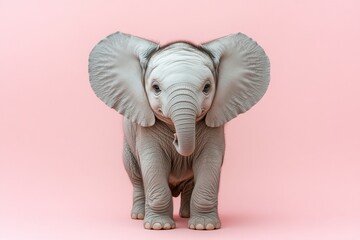 Baby elephant stands confidently in front of a pink background, showcasing its playful nature and adorable features