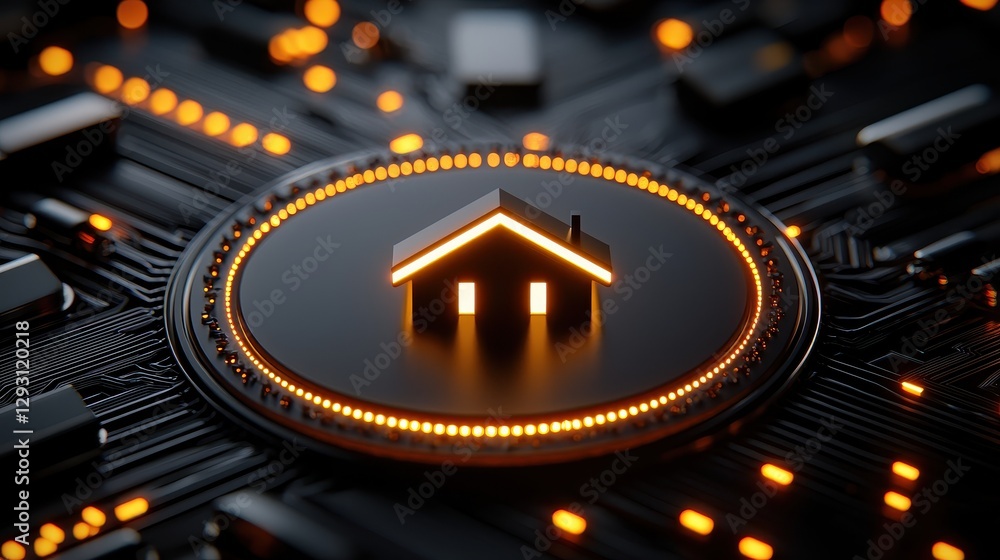 Poster A futuristic house model surrounded by glowing circuit patterns and digital technology.