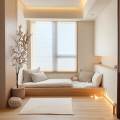Fototapeta premium Comfortable reading nook featuring pillows and soft natural lighting