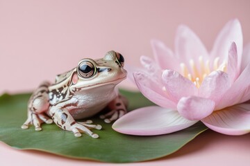 Naklejka premium Frog sitting gracefully next to a pink water lily on a green leaf against a soft pastel background