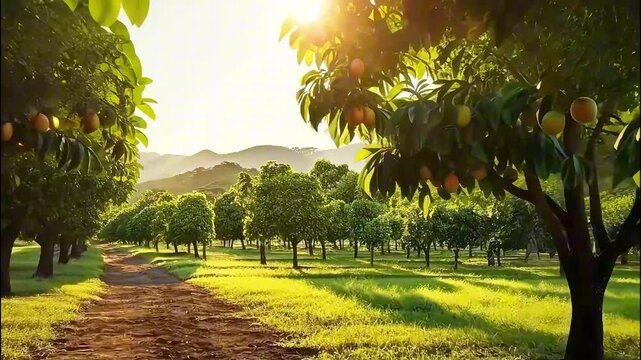 Mango tree garden. Beautiful natural background, growing sweet tropical fruits. Green garden with hanging ripe mango fruits