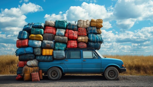 Overfilled Truck with Luggage, Adventure Travel, and Road Trip Overfill