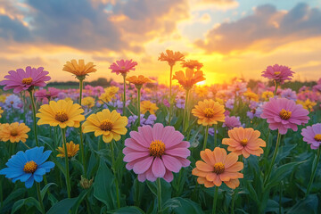Fototapeta premium A vibrant field of Zinnias basks in the warm glow of the setting sun
