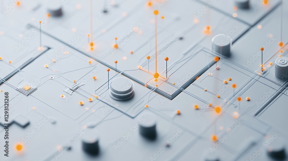 Poster abstract technological circuit board with interconnected components and glowing orange details.