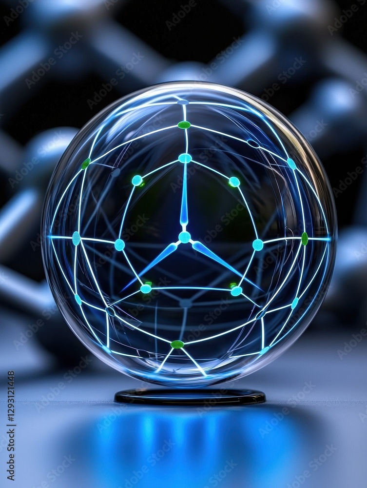 Poster a futuristic representation of molecular structures in a transparent sphere.