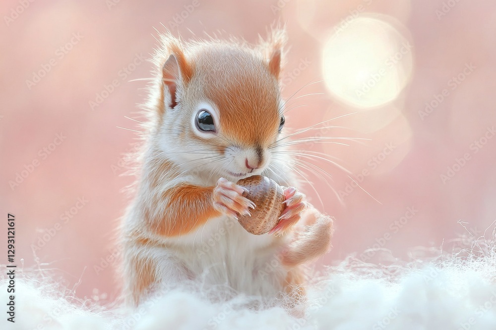 Poster small squirrel nibbling on acorn in soft light, surrounded by fluffy white background, creating a cu