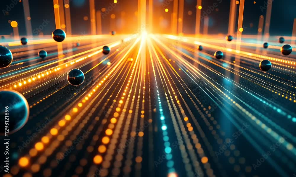 Poster abstract digital landscape with glowing orbs traversing luminous pathways.