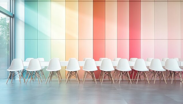 Colorful modern dining area with white chairs