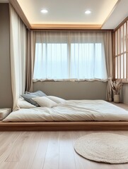A minimalist bedroom decorated with natural elements and cozy ambiance