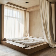 A minimalist bedroom is displayed with soft neutral colors