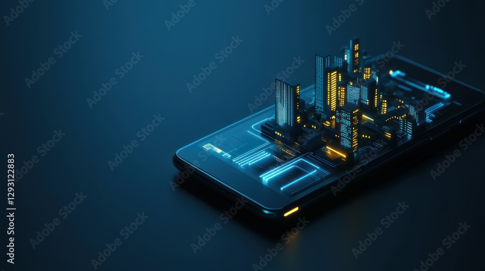 Poster abstract cityscape emerging from a smartphone screen display design