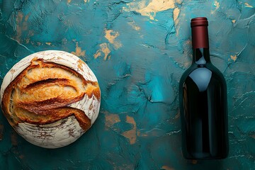 Still life featuring a bottle of wine and artisan bread on a wooden surface, emphasizing texture, warmth, and elegance, book illustration style