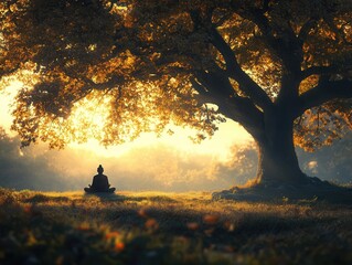 Buddha reaching for enlightenment under a majestic tree at sunset illuminating the serene landscape. Generative AI