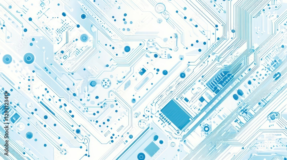 Poster abstract circuit board pattern, intricate network of interconnected traces and components, in a ligh