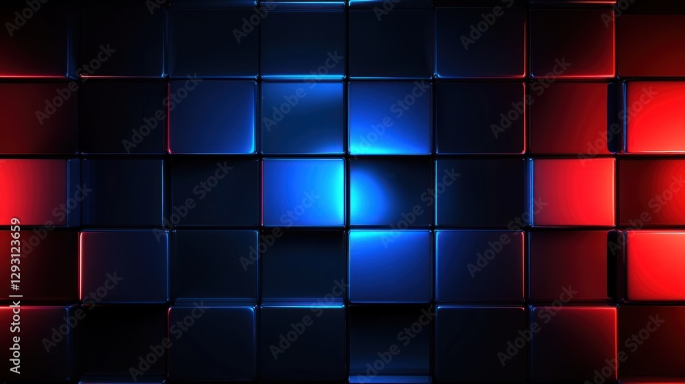 Poster abstract background blue and red illuminated geometric cube pattern