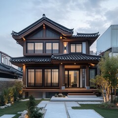 Obraz premium Modern Korean Style House with Detailed Roof Design