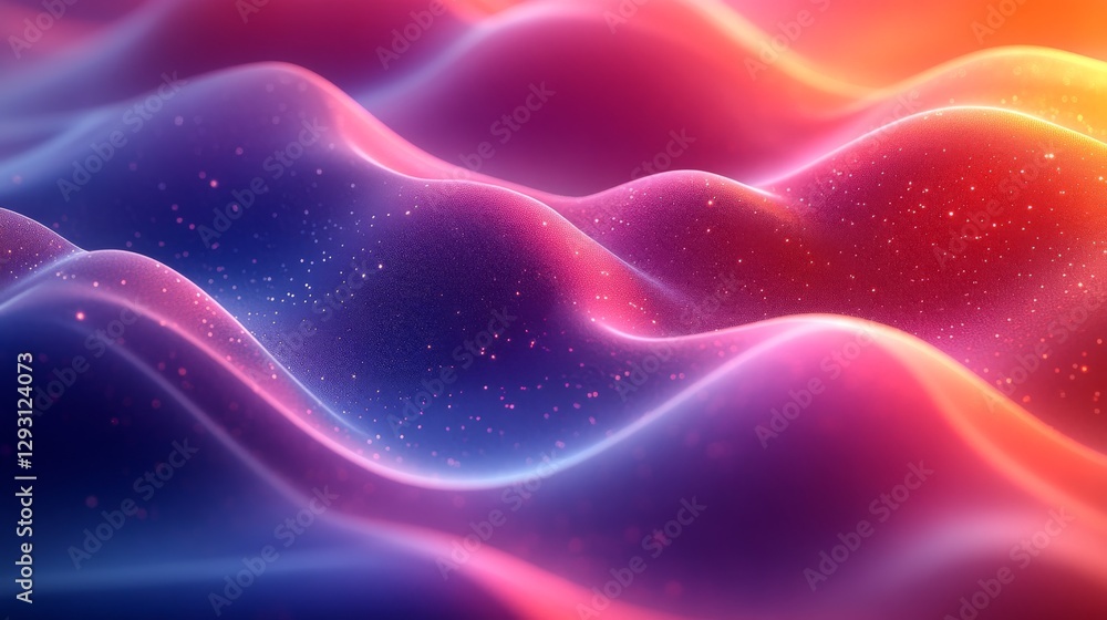 Fototapete colorful abstract waves with gradient hues and floating particles, dynamic digital art background. f