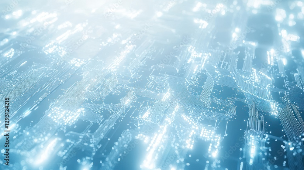 Poster abstract technological circuit board background with glowing light trails.
