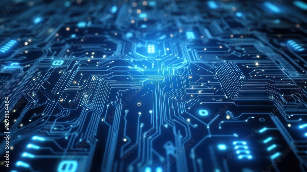 Poster abstract circuit board technology background with glowing blue lines and illuminated components.