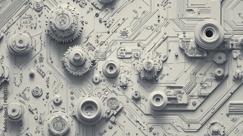 Poster abstract futuristic circuit board with gears and components.