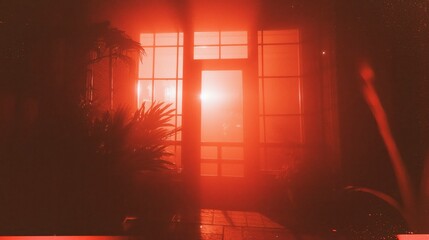 Naklejka premium Red-lit indoor plants by window at night