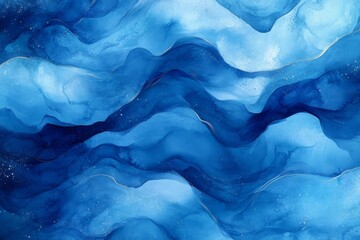 Fototapeta premium Abstract blue wave patterns in watercolors create a serene and calming visual experience for viewers