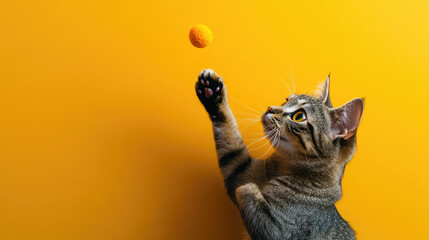 Fototapeta premium Adorable tabby kitten joyfully playing with a toy, energetic and curious pet, isolated on a yellow background, fluffy feline in action, playful moment captured in a studio setting