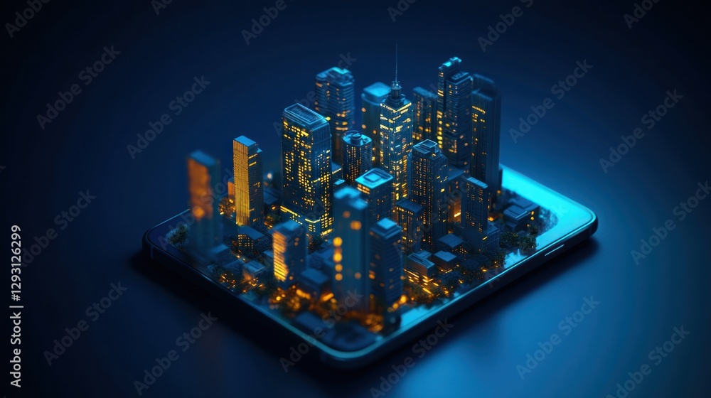 Poster abstract augmented reality cityscape displayed on a mobile device screen
