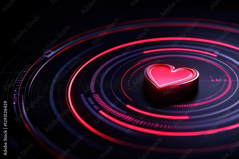 Poster a glowing heart shape on a dark background with vibrant circular patterns.