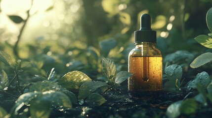 Glass dropper bottle with essential oil among green foliage in sunlight, natural skincare and organic wellness concept