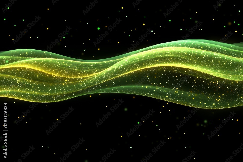 Poster waves of vibrant green and gold light flowing across a dark background in a mesmerizing abstract art