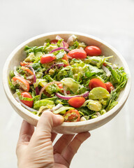 fresh delicious spring salad with lettuce, tomato, cucumber, and feta cheese close-up