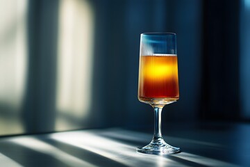 Elegant glass of sparkling amber liquid with subtle light reflections