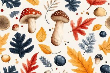 Colorful autumn leaves and mushrooms create a vibrant seasonal pattern on a light background
