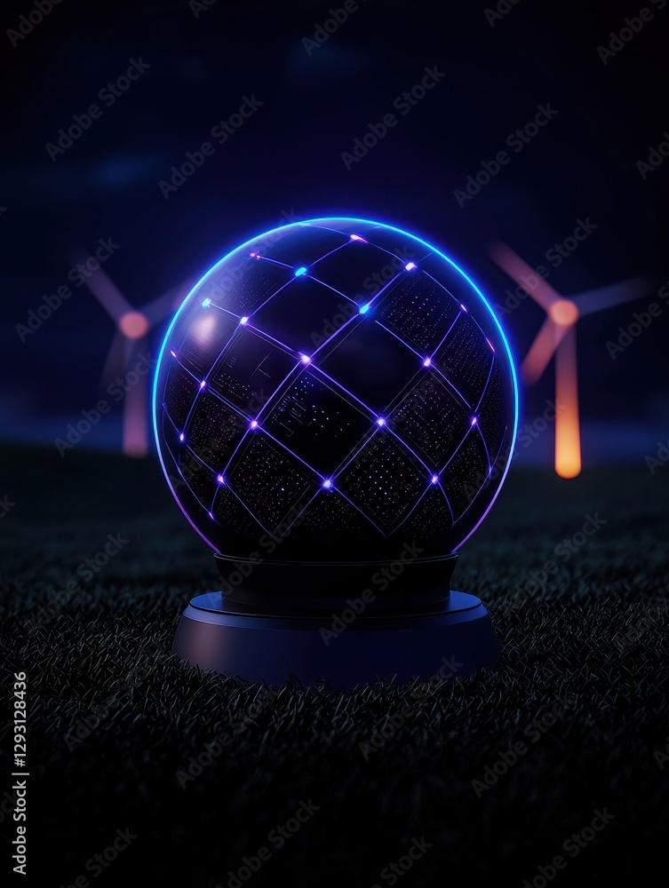 Poster a glowing orb with a grid pattern surrounded by wind turbines in a dark landscape.