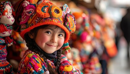 Fototapeta premium Smiling Girl in Traditional Clothes at Market