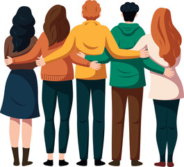 Obraz premium Group of friends, man and woman standing hugging each other with friendship and love, teamwork, aiming for success concept.