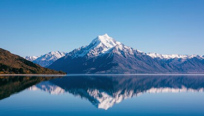 Fototapeta premium Snowy Mountain Reflecting in Calm Lake on Sunny Day