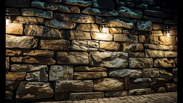 A Cozy and Charming Rustic Stone Wall Covered in Natural Cladding with Soft Night Lighting
