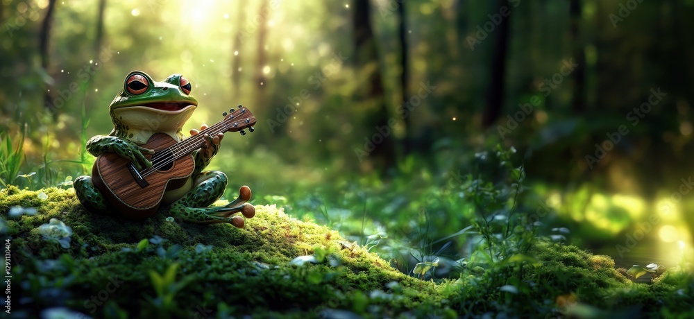 Poster frog playing guitar in enchanting forest setting with soft sunlight, copy space for text