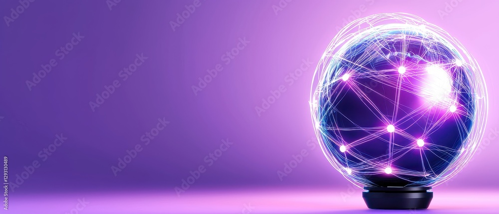 Poster a glowing sphere with connecting lines illustrating digital communication and technology.