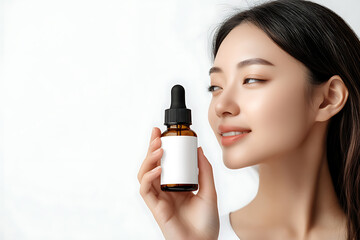 Fototapeta premium Serene Asian Woman Holding Amber Glass Dropper Bottle – Skincare Advertising