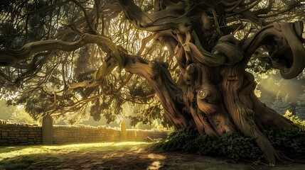 Naklejka premium Majestic Ancient Tree with Intricate Twisting Branches in a Tranquil Landscape