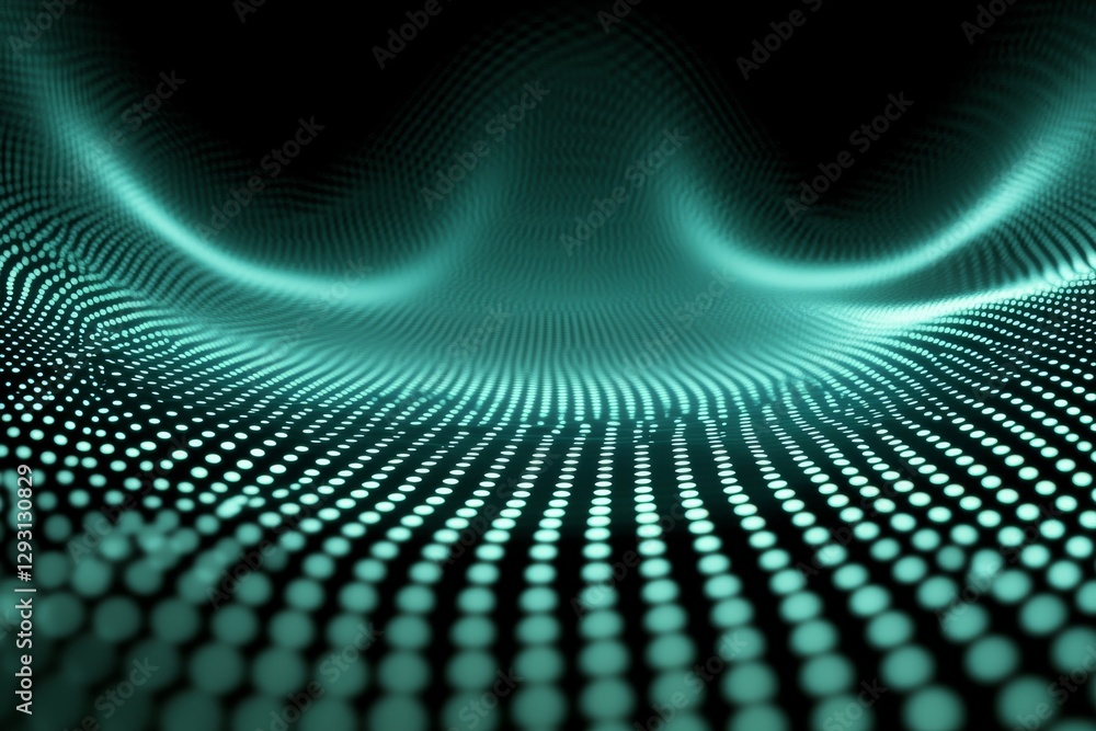 Poster emergent wave patterns formed by glowing teal dots on a dark background create a mesmerizing visual 