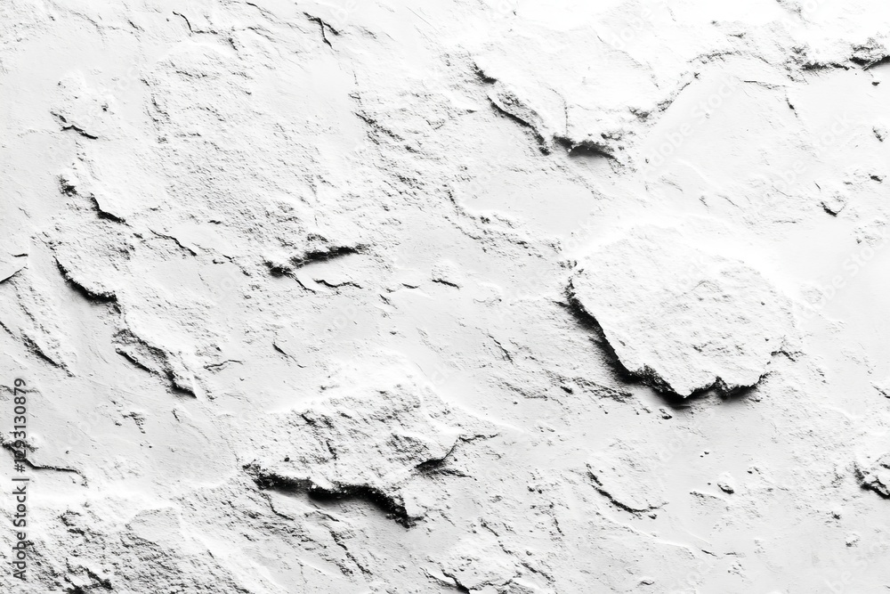 Poster textured white surface with cracks and uneven patches in a close-up view emphasizing intricate detai