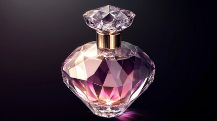 Luxury Diamond-Cut Perfume Bottle on Dark Background. Exquisite Fragrance Design.  Glamorous Perfume Ad.